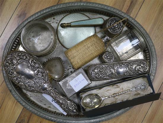 A group of silver dressing table items, a silver spoon and other items including plated ware.